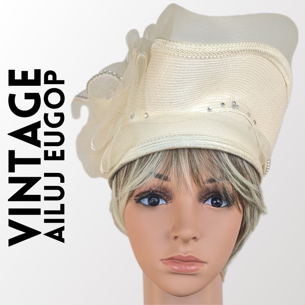 VTG 50s Fascinator Hat MCM Ivory Upsweep Woven Rhinestone Pearl Church Derby